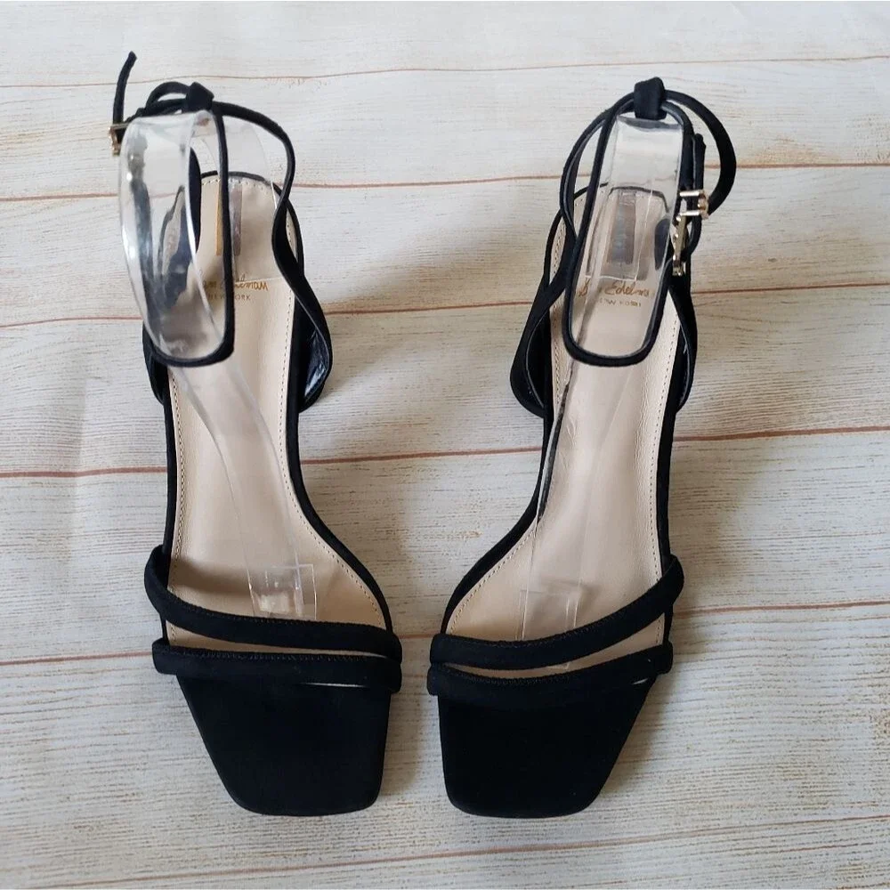 Sam Edelman Kia Suede Ankle Strap Heel Sandals Black Women's Size 10M Square Toe